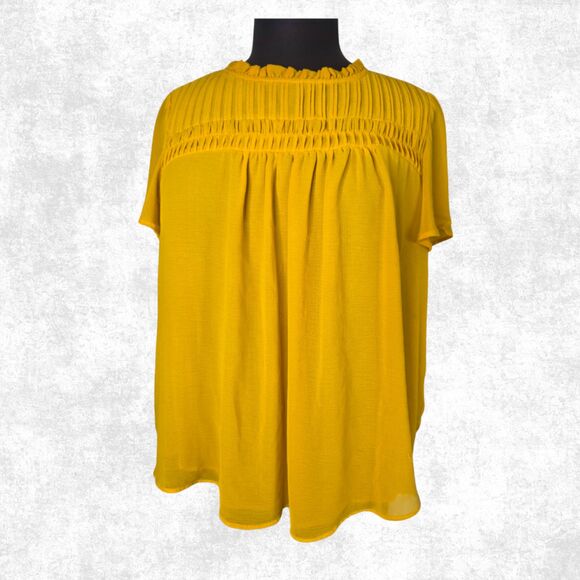 Torrid Mustard Yellow Smocked Blouse Plus Size 2X Ruffle Neck Boho Festival Top - Picture 7 of 7
